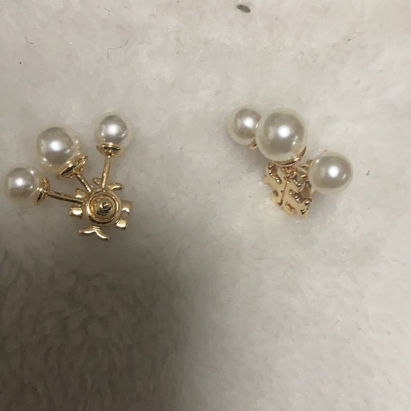 Tory Burch Gold Double-T Logo pearl Drop Earrings Romantic statement Accessory - Picture 4 of 6